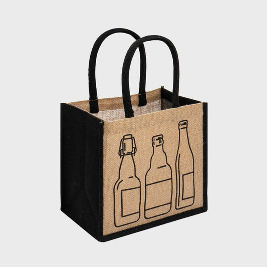6 Beer Bottle Printed Jute Bag with Removable Dividers